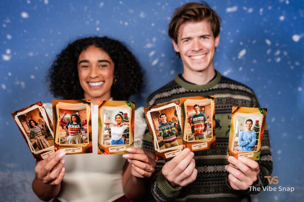 A young couple posing in front of the Christmas backdrop with their AI Nostalgic Holiday 4x6 prints