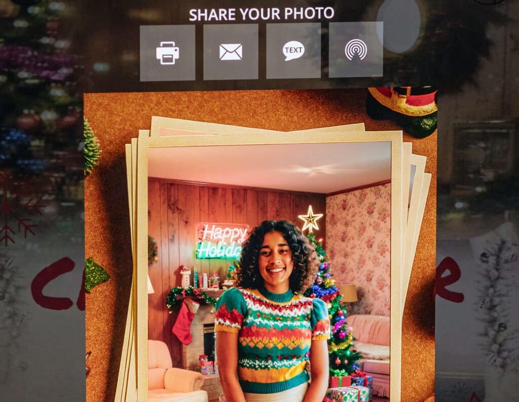 A young woman in a plaid dress with a Happy Holidays frame, transformed into a 1981 holiday scene using a photo booth app, part of the AI Nostalgic Holiday experience