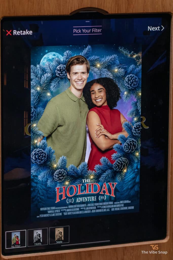 Holiday Movie Poster outputs on the iPad booth with title The Holiday Adventure