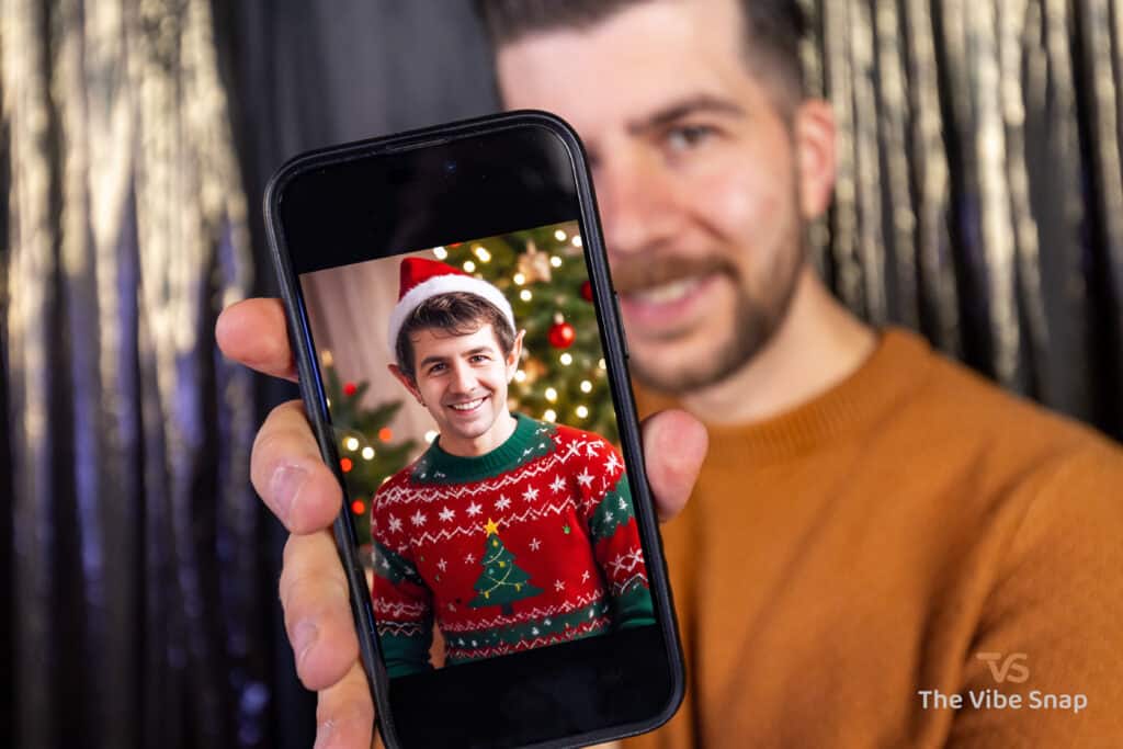 Guests at Holiday Party showing his AI generated on the phone