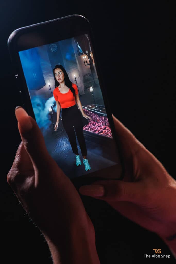 A video of girl in the castle wearing a red tshirt